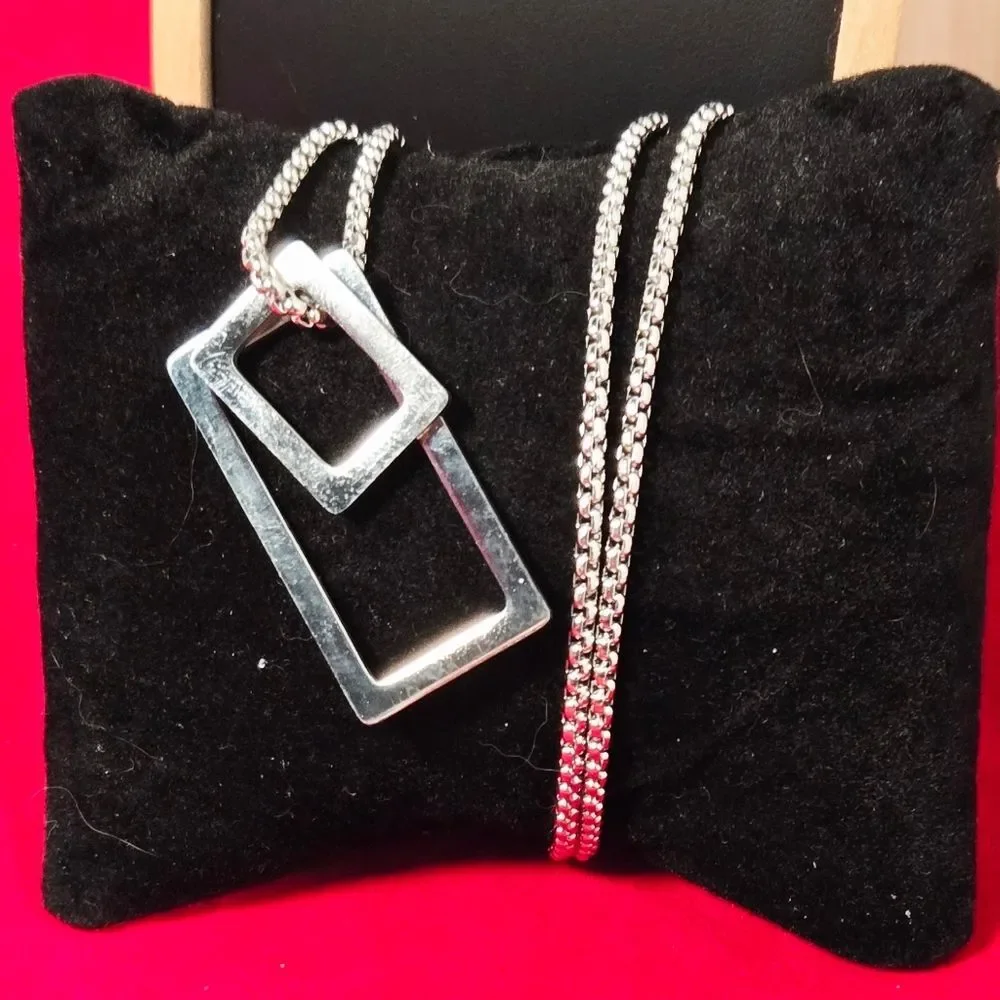 Silver Geometric Rectangle Pendant Necklace Stainless Steel Unisex 24